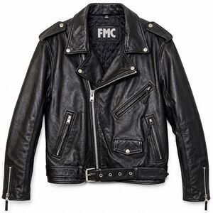FMC Jacket Men 50 Black Leather Motorcycle Belted Quilted Lined Zip Pockets NWOT